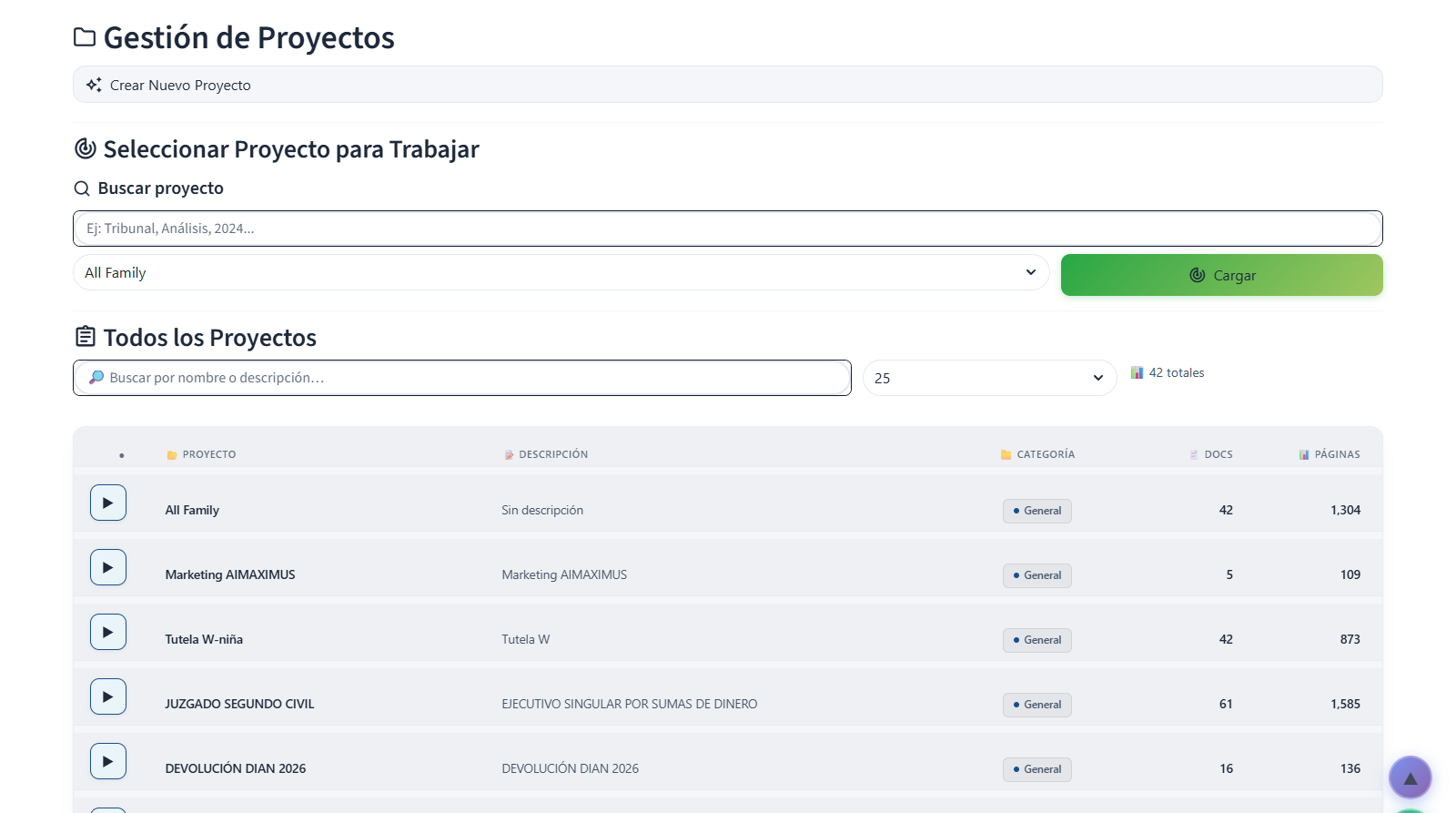 Pantalla de gestión de proyectos mostrando la lista de proyectos y el botón Crear Nuevo Proyecto